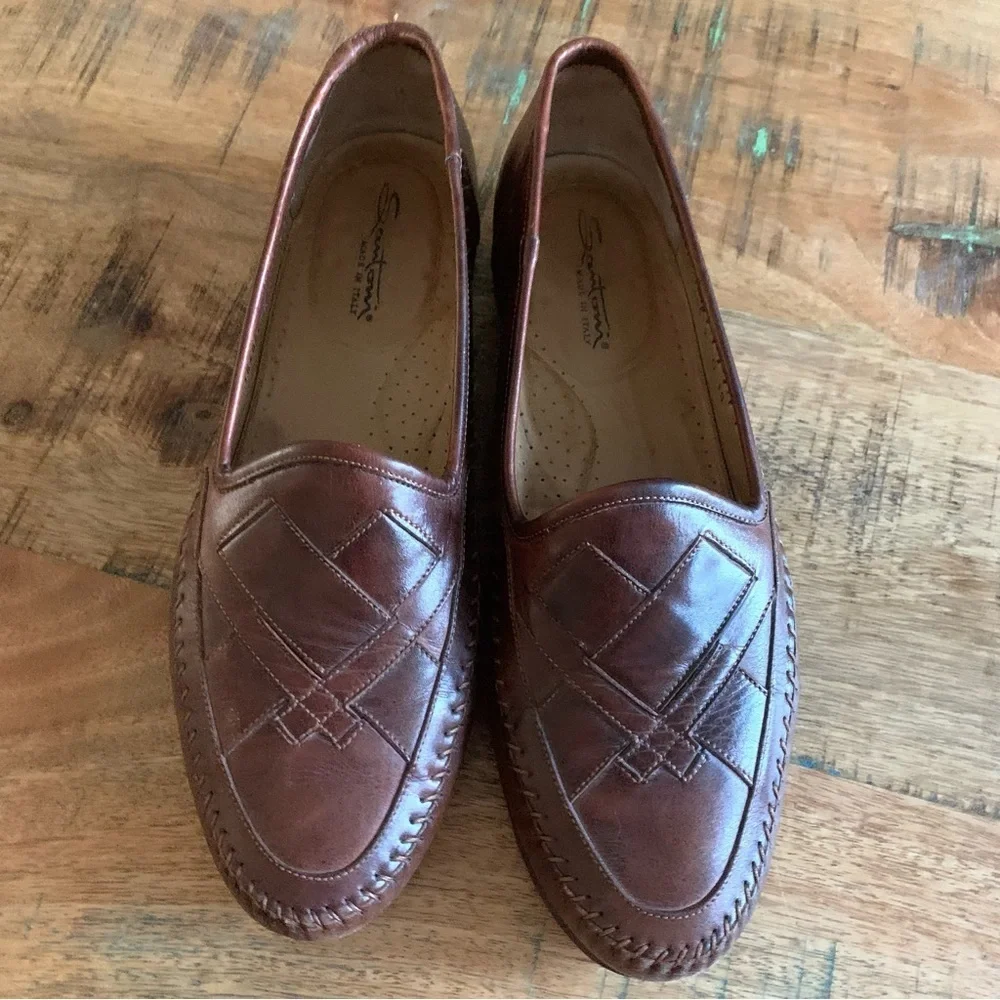 Santoni Mens Leather Interwoven Design almond toe Brown loafers Size 10